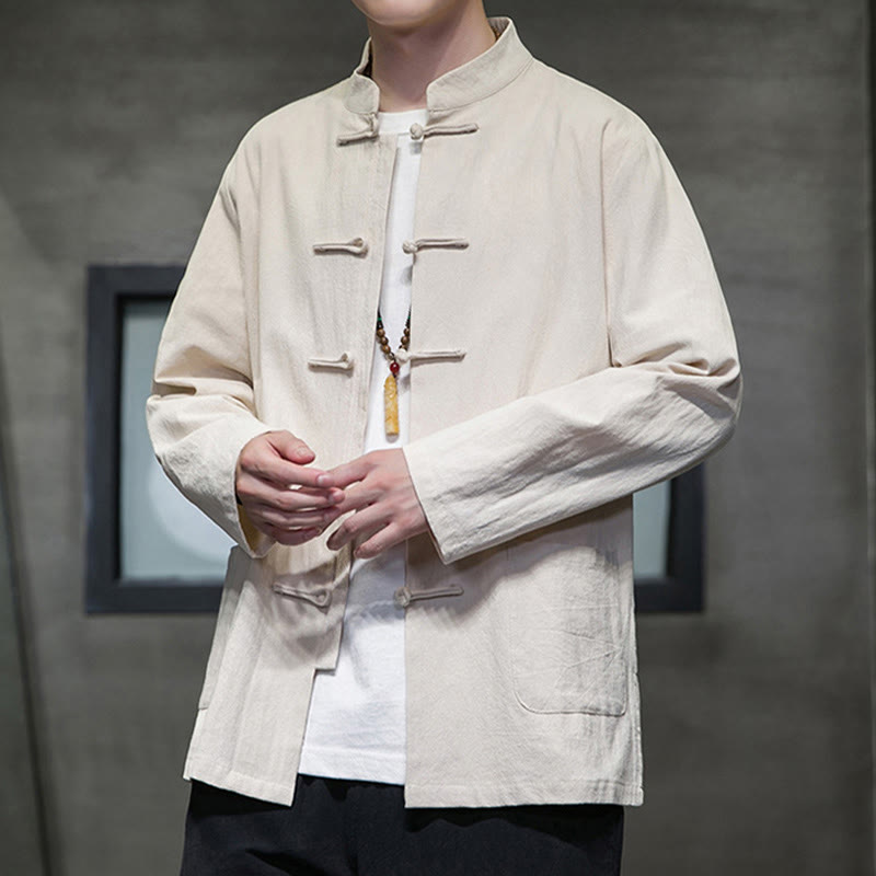 Buddha Stones Jednokolorowy Żabka-guzik Garnitur Tang Bawełna Lniana Męska Kurtka Koszula Z Kieszeniami - image 12