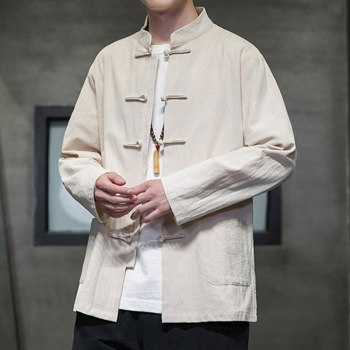 Buddha Stones Jednokolorowy Żabka-guzik Garnitur Tang Bawełna Lniana Męska Kurtka Koszula Z Kieszeniami - image 12