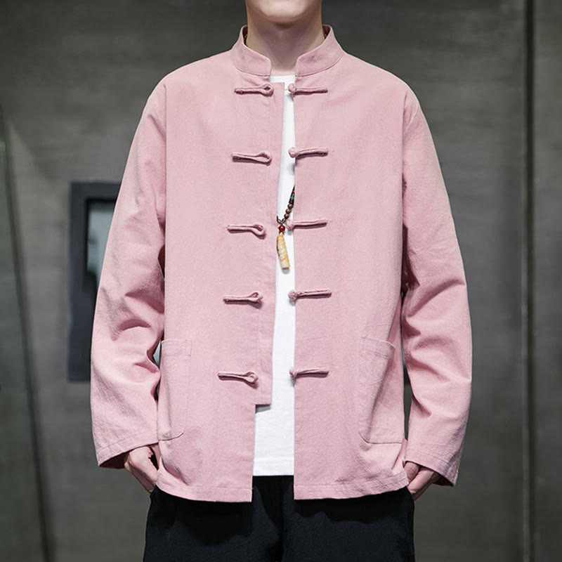 Buddha Stones Jednokolorowy Żabka-guzik Garnitur Tang Bawełna Lniana Męska Kurtka Koszula Z Kieszeniami - Jasnoróżowy - US/UK/AU46， EU56 (5XL) - image 25
