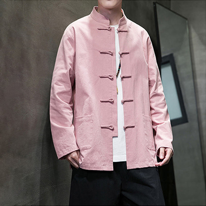 Buddha Stones Jednokolorowy Żabka-guzik Garnitur Tang Bawełna Lniana Męska Kurtka Koszula Z Kieszeniami - image 28