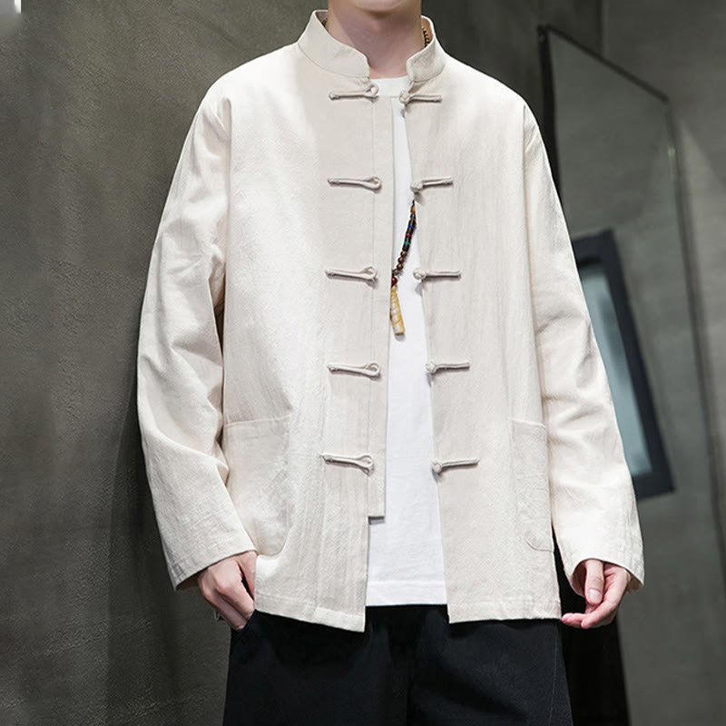 Buddha Stones Jednokolorowy Żabka-guzik Garnitur Tang Bawełna Lniana Męska Kurtka Koszula Z Kieszeniami - image 13