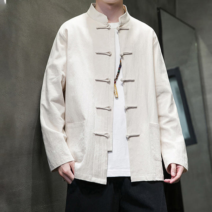 Buddha Stones Jednokolorowy Żabka-guzik Garnitur Tang Bawełna Lniana Męska Kurtka Koszula Z Kieszeniami - image 13