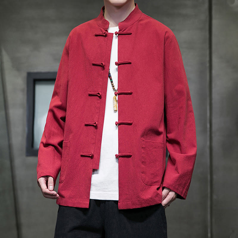 Buddha Stones Jednokolorowy Żabka-guzik Garnitur Tang Bawełna Lniana Męska Kurtka Koszula Z Kieszeniami - image 35