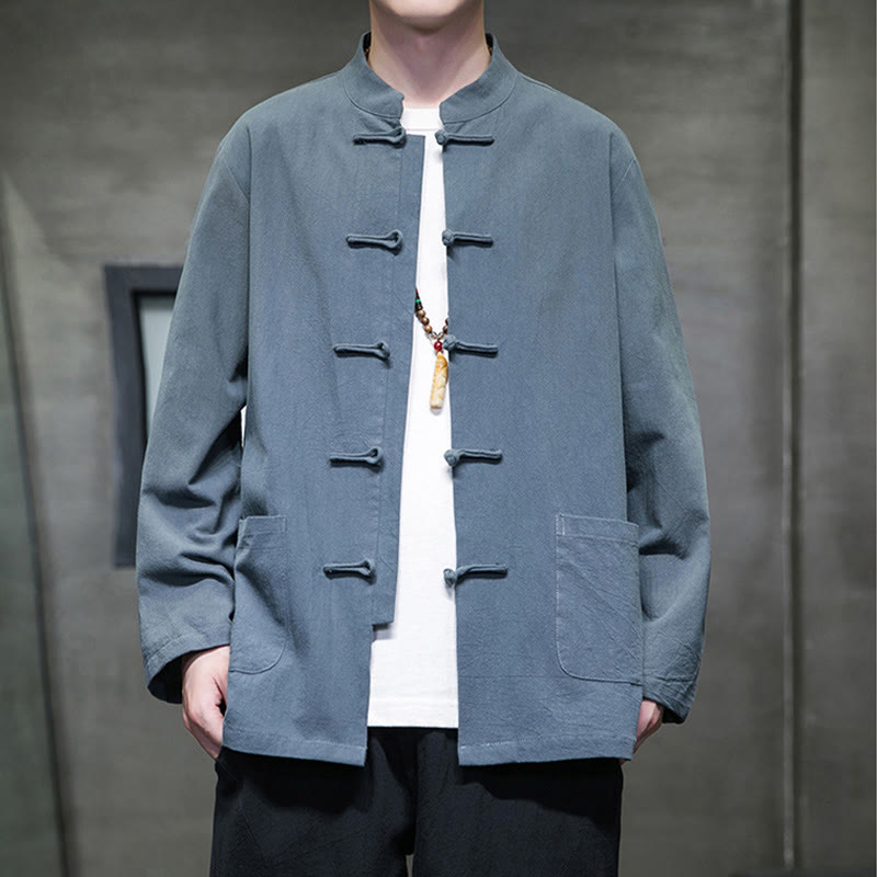 Buddha Stones Jednokolorowy Żabka-guzik Garnitur Tang Bawełna Lniana Męska Kurtka Koszula Z Kieszeniami - Stalowoniebieski - US/UK/AU46， EU56 (5XL) - image 0