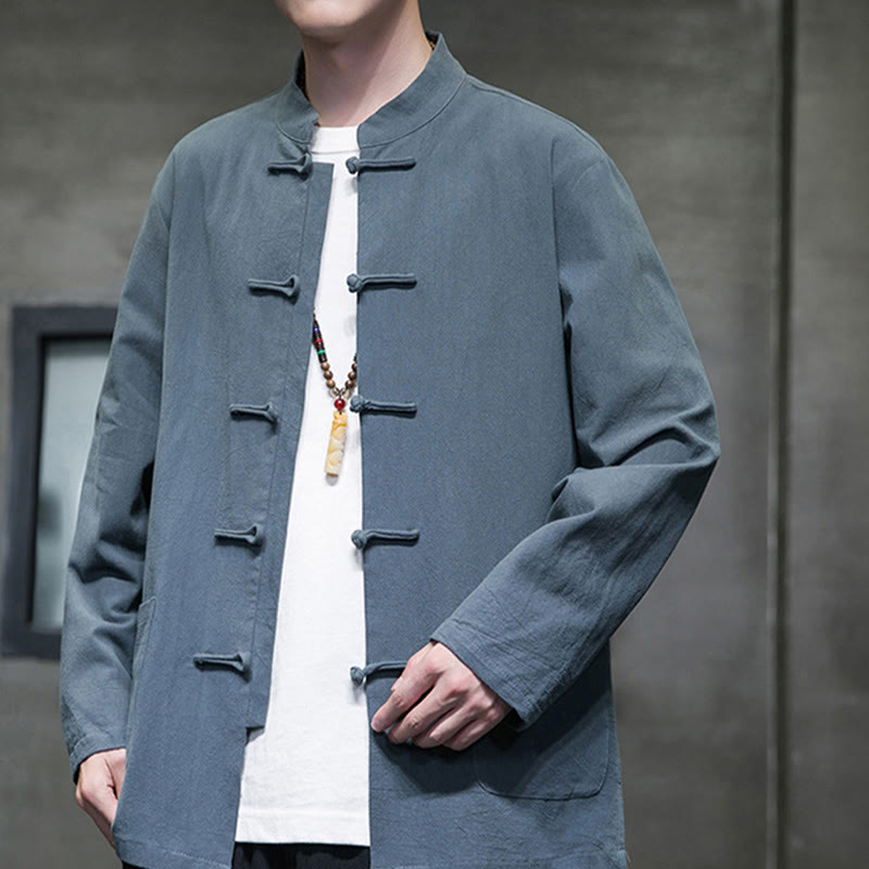 Buddha Stones Jednokolorowy Żabka-guzik Garnitur Tang Bawełna Lniana Męska Kurtka Koszula Z Kieszeniami - image 3