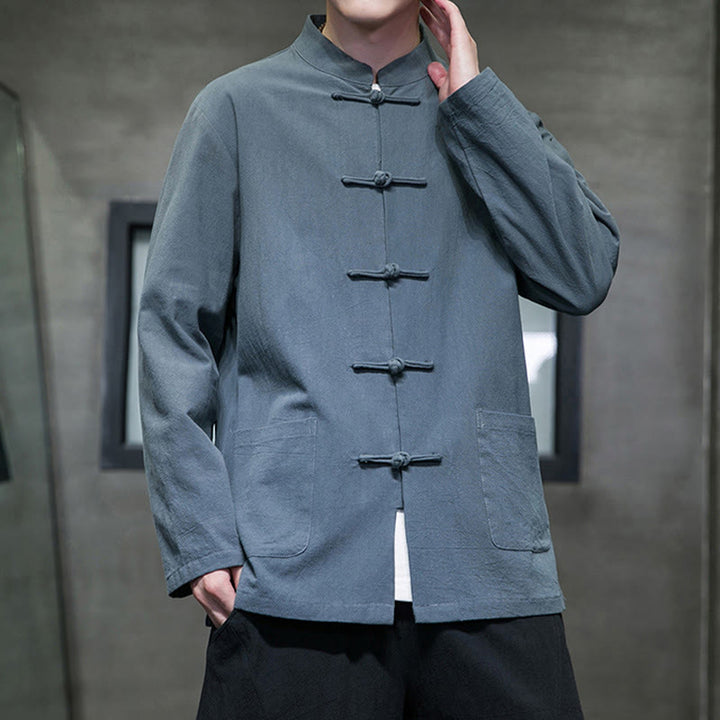 Buddha Stones Jednokolorowy Żabka-guzik Garnitur Tang Bawełna Lniana Męska Kurtka Koszula Z Kieszeniami - image 6