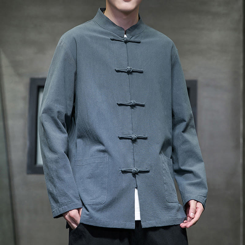 Buddha Stones Jednokolorowy Żabka-guzik Garnitur Tang Bawełna Lniana Męska Kurtka Koszula Z Kieszeniami - image 5