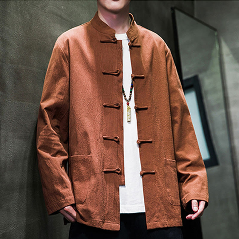 Buddha Stones Jednokolorowy Żabka-guzik Garnitur Tang Bawełna Lniana Męska Kurtka Koszula Z Kieszeniami - image 23