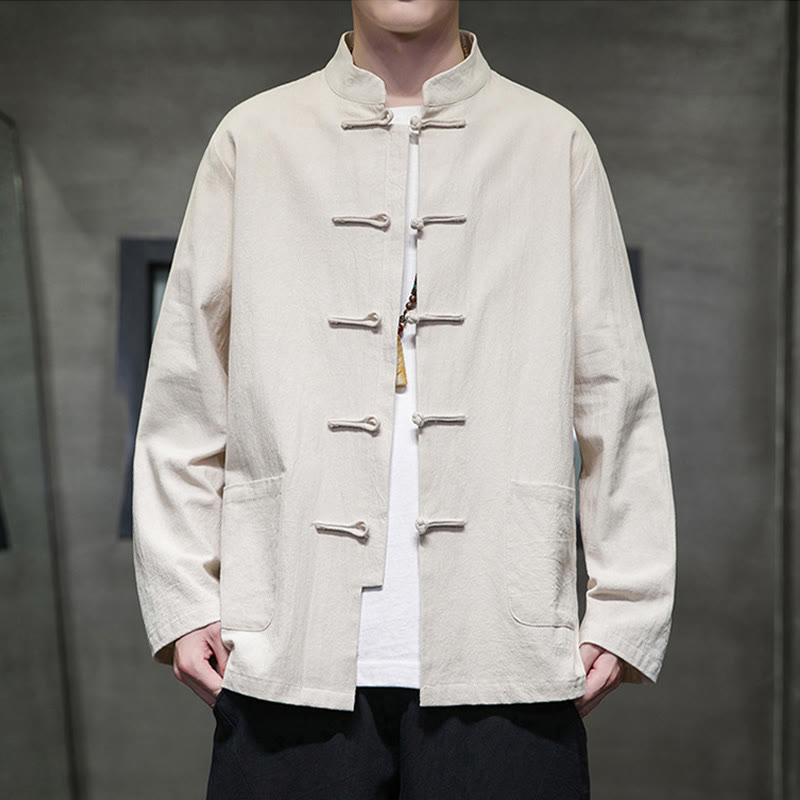 Buddha Stones Jednokolorowy Żabka-guzik Garnitur Tang Bawełna Lniana Męska Kurtka Koszula Z Kieszeniami - Beżowy - US/UK/AU46， EU56 (5XL) - image 11