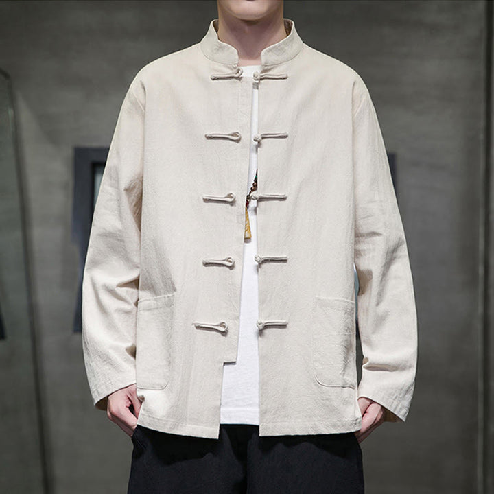 Buddha Stones Jednokolorowy Żabka-guzik Garnitur Tang Bawełna Lniana Męska Kurtka Koszula Z Kieszeniami - Beżowy - US/UK/AU46， EU56 (5XL) - image 11