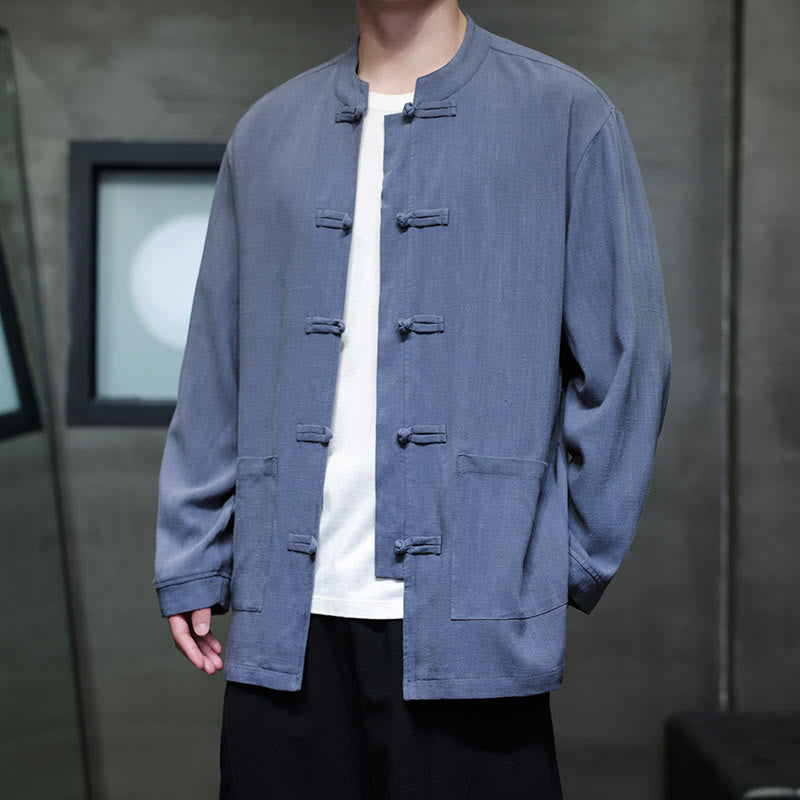 Buddha Stones Casualowa, jednokolorowa, lniana męska kurtka z kieszeniami i guzikami - image 1