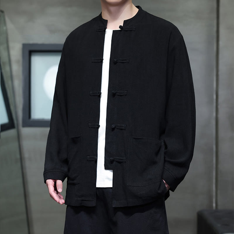 Buddha Stones Casualowa, jednokolorowa, lniana męska kurtka z kieszeniami i guzikami - image 12