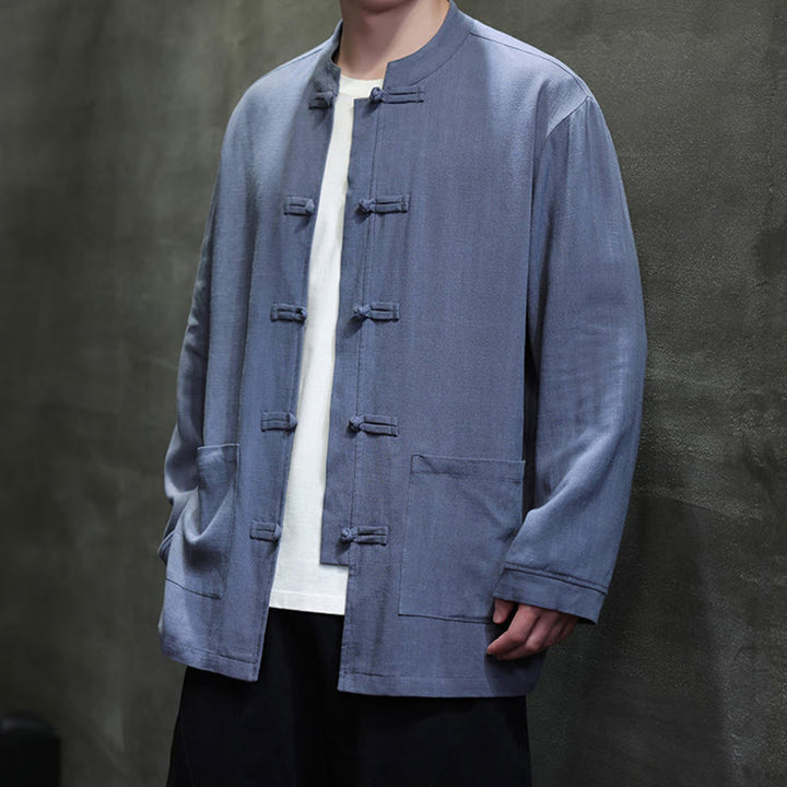 Buddha Stones Casualowa, jednokolorowa, lniana męska kurtka z kieszeniami i guzikami - image 2