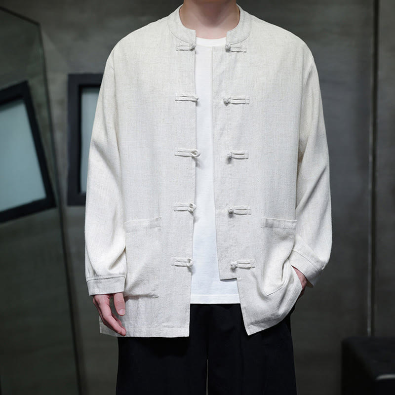 Buddha Stones Casualowa, jednokolorowa, lniana męska kurtka z kieszeniami i guzikami - image 15