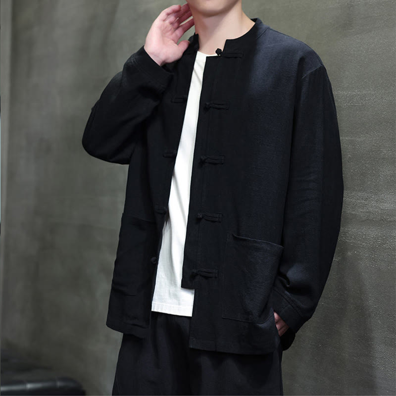 Buddha Stones Casualowa, jednokolorowa, lniana męska kurtka z kieszeniami i guzikami - image 13