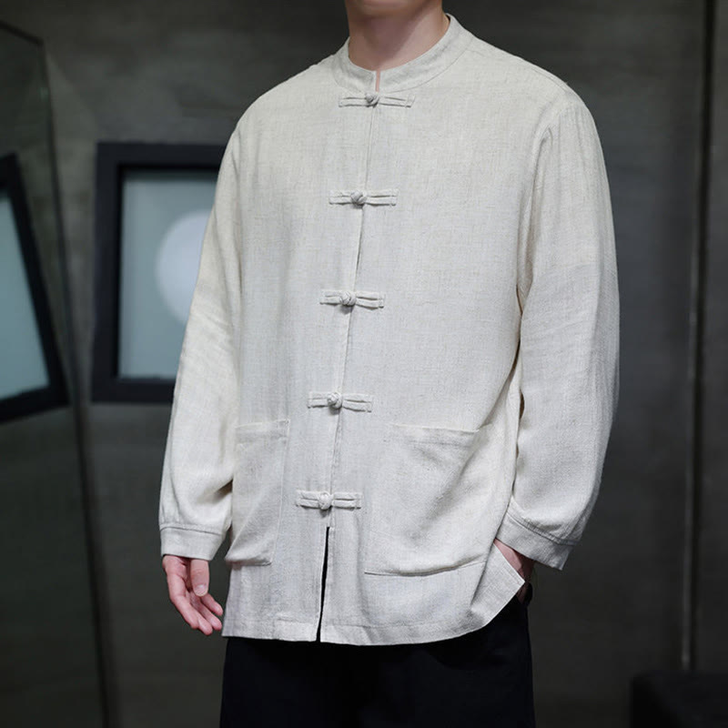 Buddha Stones Casualowa, jednokolorowa, lniana męska kurtka z kieszeniami i guzikami - image 16