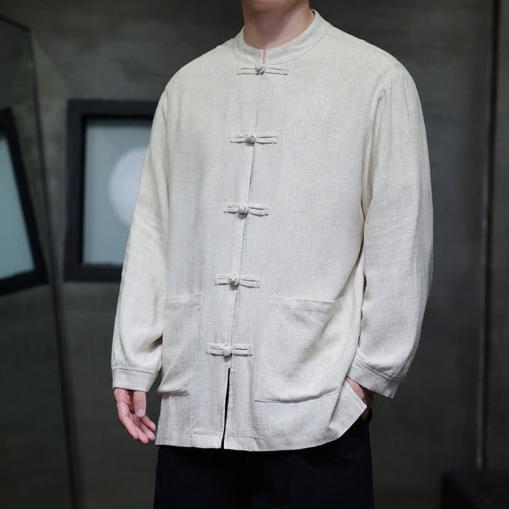 Buddha Stones Casualowa, jednokolorowa, lniana męska kurtka z kieszeniami i guzikami - image 16
