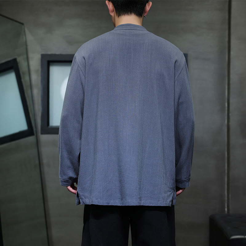 Buddha Stones Casualowa, jednokolorowa, lniana męska kurtka z kieszeniami i guzikami - image 4