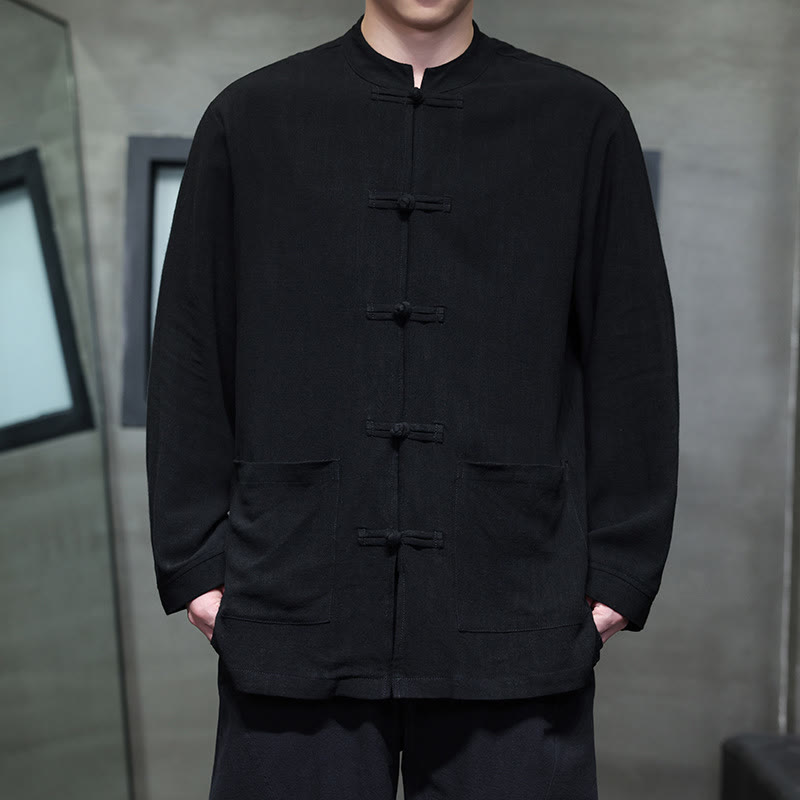 Buddha Stones Casualowa, jednokolorowa, lniana męska kurtka z kieszeniami i guzikami - Czarny - US/UK/AU46， EU56 (5XL) - image 8