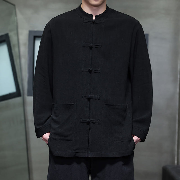 Buddha Stones Casualowa, jednokolorowa, lniana męska kurtka z kieszeniami i guzikami - Czarny - US/UK/AU46， EU56 (5XL) - image 8