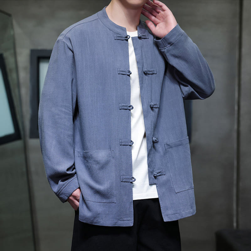 Buddha Stones Casualowa, jednokolorowa, lniana męska kurtka z kieszeniami i guzikami - image 3