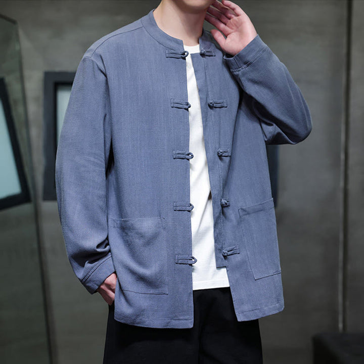 Buddha Stones Casualowa, jednokolorowa, lniana męska kurtka z kieszeniami i guzikami - image 3