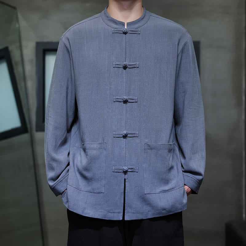 Buddha Stones Casualowa, jednokolorowa, lniana męska kurtka z kieszeniami i guzikami - RoyalBlue - US/UK/AU46， EU56 (5XL) - image 0