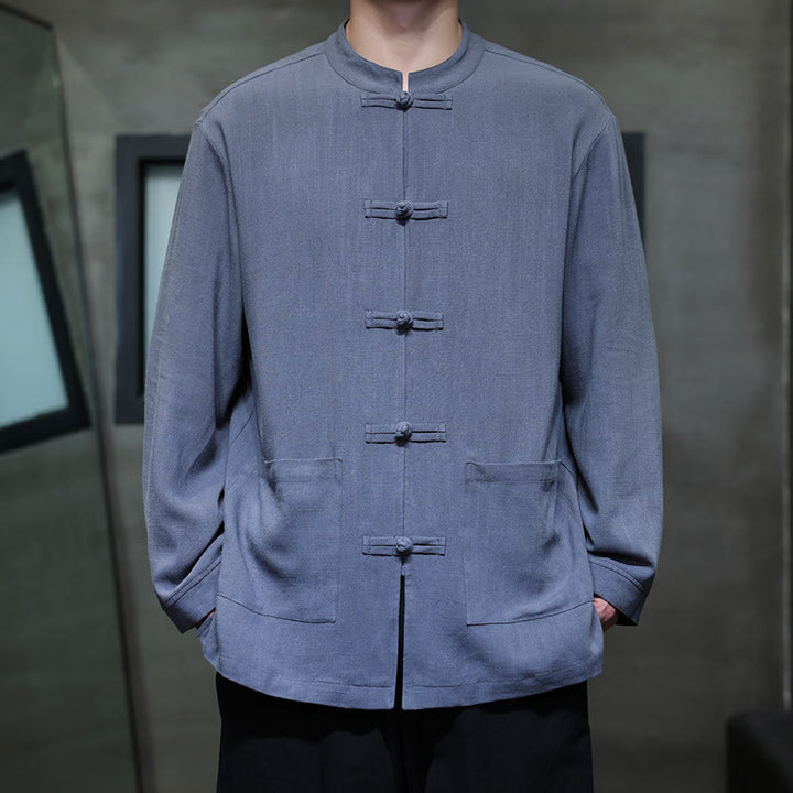 Buddha Stones Casualowa, jednokolorowa, lniana męska kurtka z kieszeniami i guzikami - RoyalBlue - US/UK/AU46， EU56 (5XL) - image 0