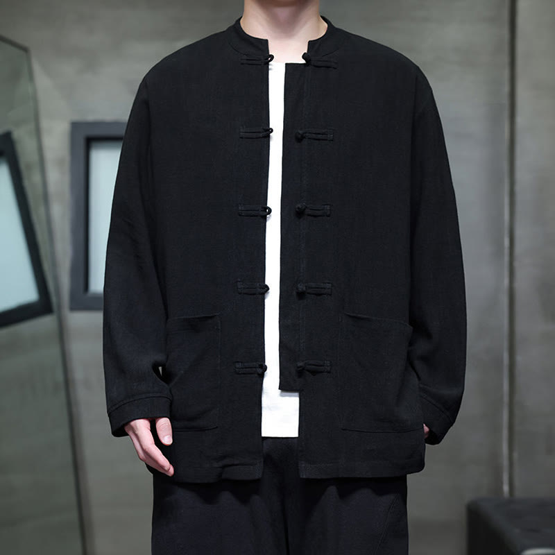 Buddha Stones Casualowa, jednokolorowa, lniana męska kurtka z kieszeniami i guzikami - image 10