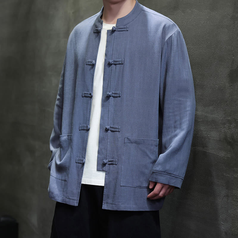 Buddha Stones Casualowa, jednokolorowa, lniana męska kurtka z kieszeniami i guzikami - image 2