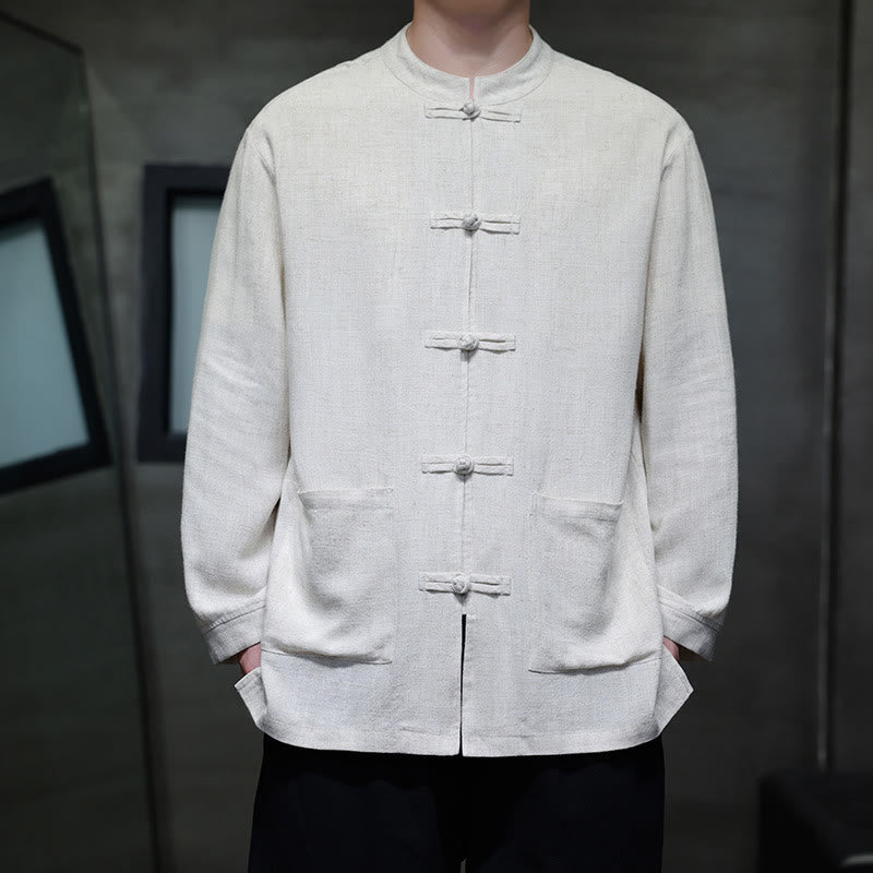 Buddha Stones Casualowa, jednokolorowa, lniana męska kurtka z kieszeniami i guzikami - Biały - US/UK/AU46， EU56 (5XL) - image 14