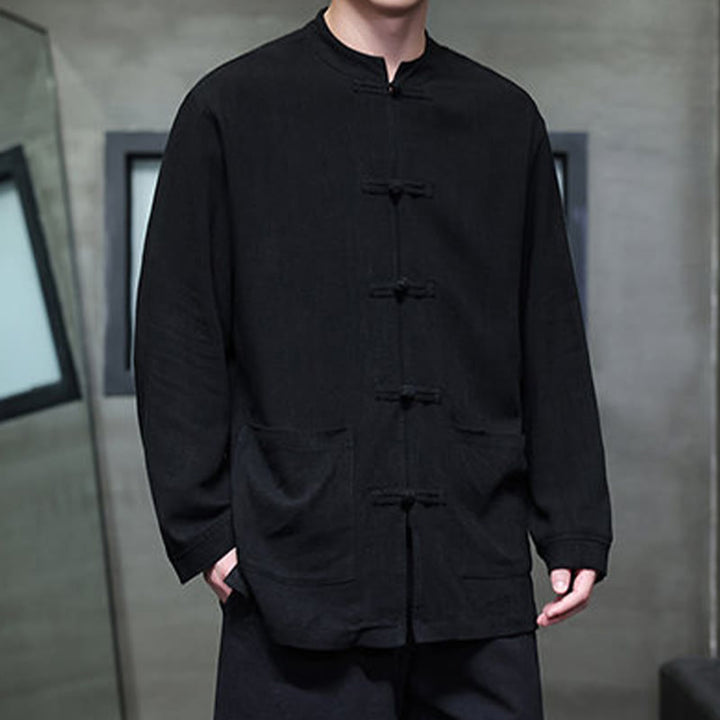 Buddha Stones Casualowa, jednokolorowa, lniana męska kurtka z kieszeniami i guzikami - image 9