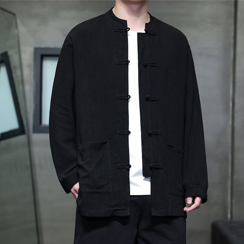 Buddha Stones Casualowa, jednokolorowa, lniana męska kurtka z kieszeniami i guzikami - image 11