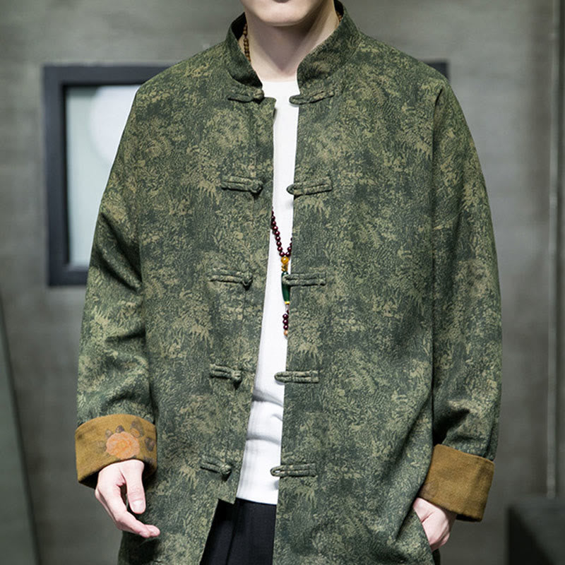 Buddha Stones Kwiat Żaba-guzik Tang Suit Bawełniana męska kurtka Koszula  - ForestGreen - US/UK/AU46， EU56 (5XL) - image 0