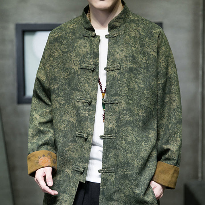 Buddha Stones Kwiat Żaba-guzik Tang Suit Bawełniana męska kurtka Koszula  - ForestGreen - US/UK/AU46， EU56 (5XL) - image 0