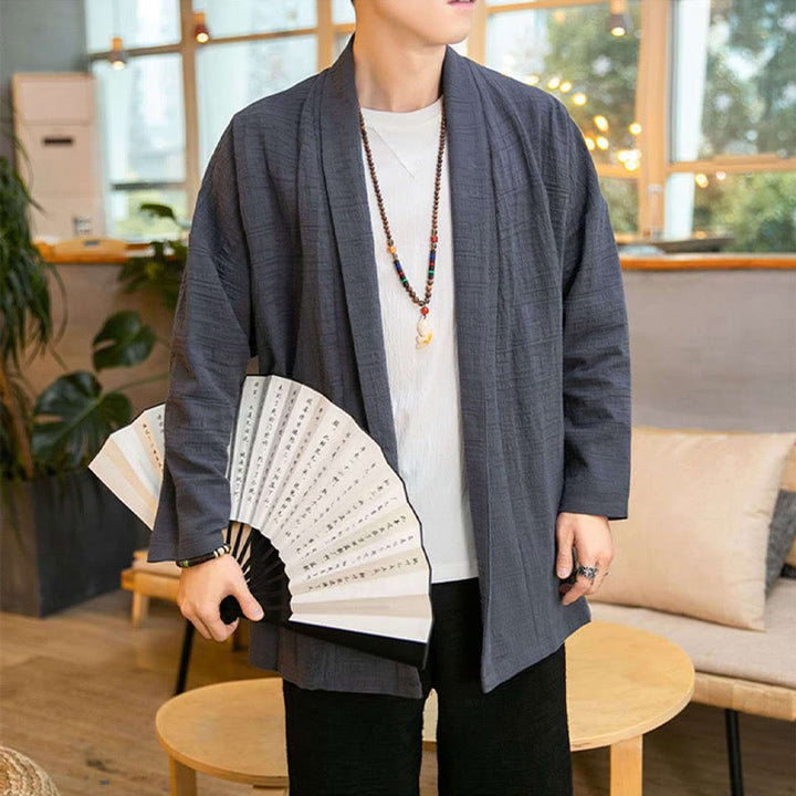 Buddha Stones Jesień Prosty Luźny Gładki Lniany Mieszanka Męski Płaszcz Średniej Długości Odzież - image 2