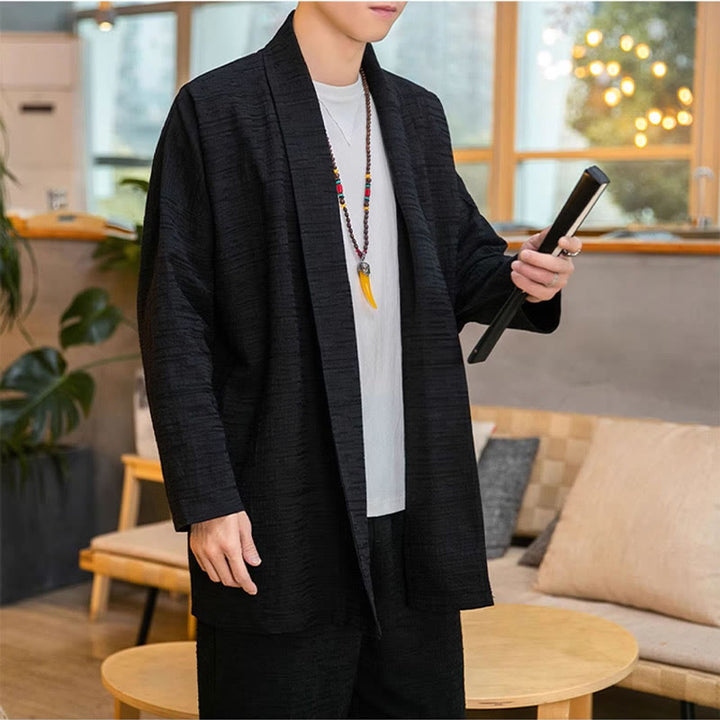 Buddha Stones Jesień Prosty Luźny Gładki Lniany Mieszanka Męski Płaszcz Średniej Długości Odzież - image 6