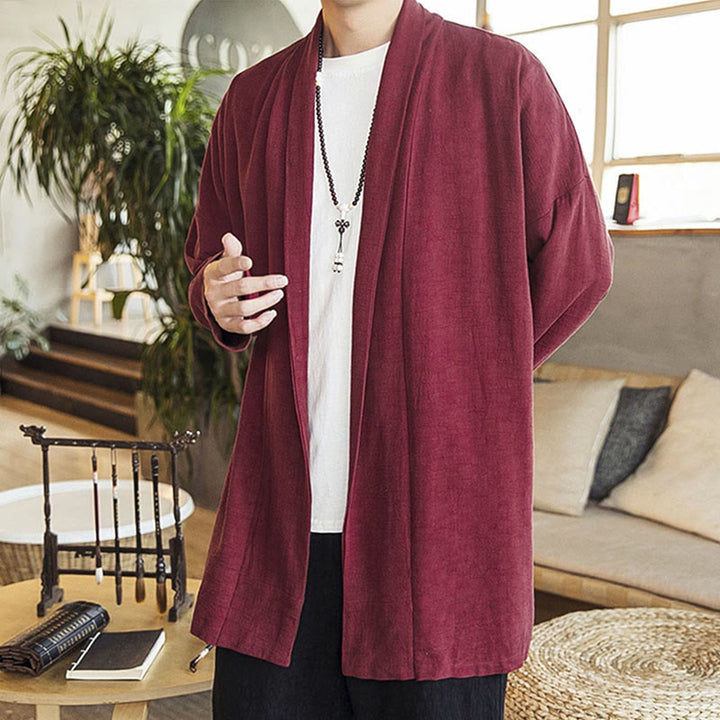Buddha Stones Jesień Prosty Casual Bawełna Len Męski Średniej Długości Płaszcz Odzież - image 3
