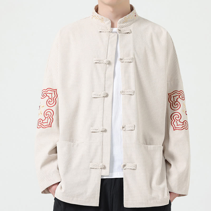 Buddha Stones Męski Żabkowy Garnitur Tang Symetryczny Haft Bawełniana Kurtka Sztruksowa Koszula Z Kieszeniami - Beżowy - US/UK/AU46， EU56 (5XL) - image 10