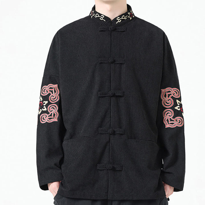 Buddha Stones Męski Żabkowy Garnitur Tang Symetryczny Haft Bawełniana Kurtka Sztruksowa Koszula Z Kieszeniami - image 3