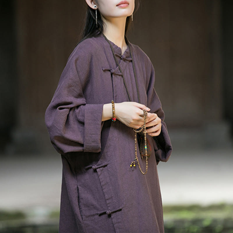 Sukienka midi z długim rękawem, ramią, lnianą bawełną i kieszeniami, z jednokolorowymi żabkami i guzikami Buddha Stones