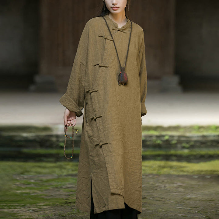 Sukienka midi z długim rękawem, ramią, lnianą bawełną i kieszeniami, z jednokolorowymi żabkami i guzikami Buddha Stones - image 10