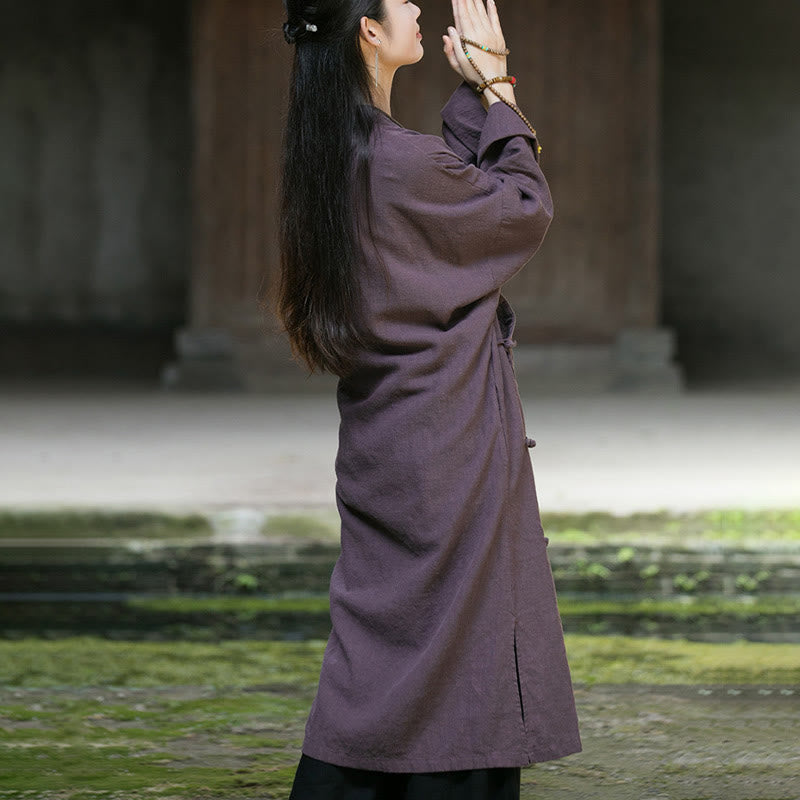 Sukienka midi z długim rękawem, ramią, lnianą bawełną i kieszeniami, z jednokolorowymi żabkami i guzikami Buddha Stones - image 19