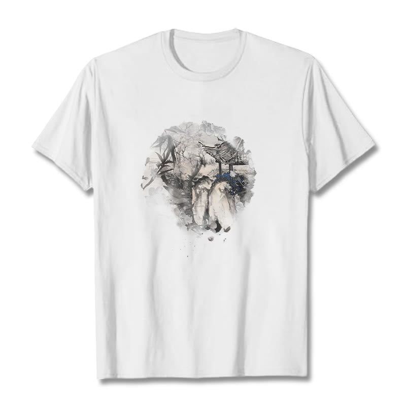 Buddha Stones Chiński pawilon górski z bambusa Wzór T-shirt T-shirt - Biały - 2XL - image 7
