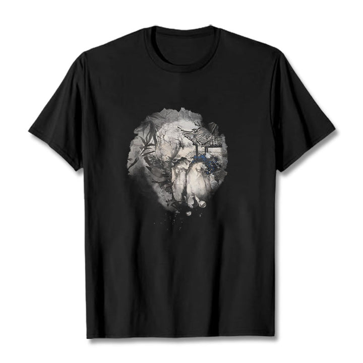 Buddha Stones Chiński pawilon górski z bambusa Wzór T-shirt T-shirt - Czarny - 2XL - image 0