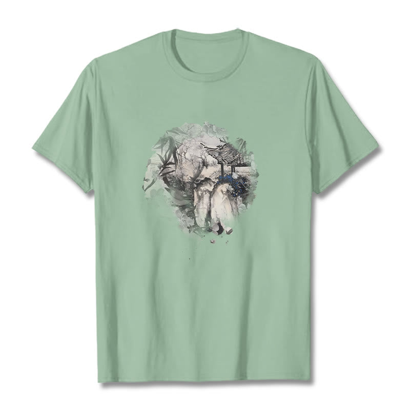 Buddha Stones Chiński pawilon górski z bambusa Wzór T-shirt T-shirt - Jasnozielony - 2XL - image 15