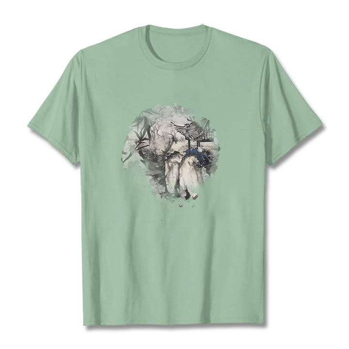 Buddha Stones Chiński pawilon górski z bambusa Wzór T-shirt T-shirt - Jasnozielony - 2XL - image 15