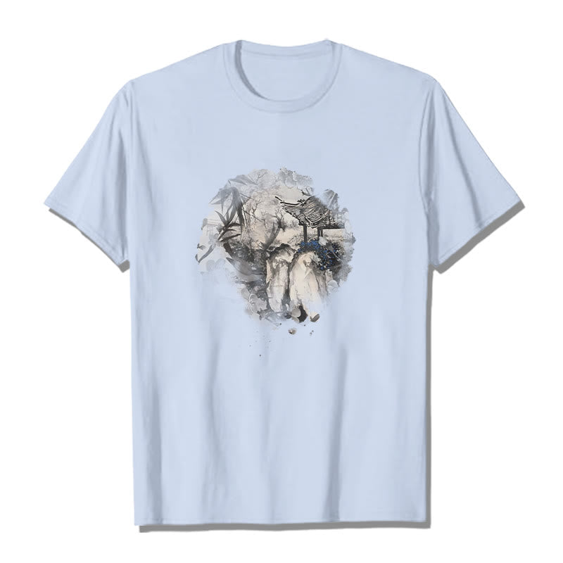 Buddha Stones Chiński pawilon górski z bambusa Wzór T-shirt T-shirt - Jasnoniebieski - 2XL - image 13