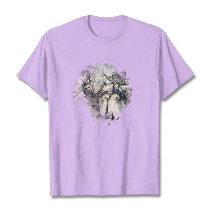 Buddha Stones Chiński pawilon górski z bambusa Wzór T-shirt T-shirt - Śliwka - 2XL - image 17