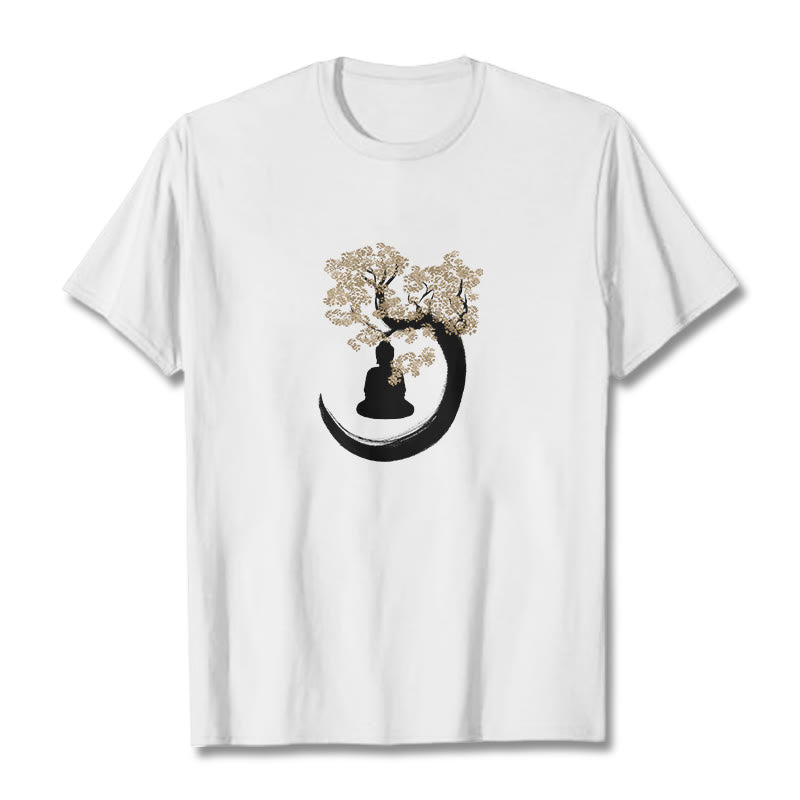 Buddha Stones Budda Siedzący Pod Drzewem Bawełniana Koszulka T-shirt - Biały - 2XL - image 11